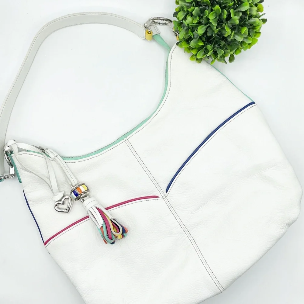 White Leather Hobo Bag with Multicolor Trim